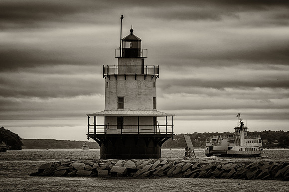 Spring Point Ledge Light in B & W, South Portland, Maine