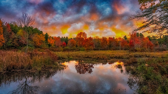 Fall Sunrise on Fire.  Souhegan River, Amherst, New Hampshire.