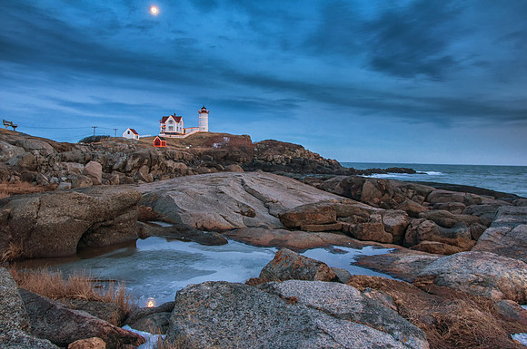 Moon Rising Over Nubble Lighthouse, York, Maine